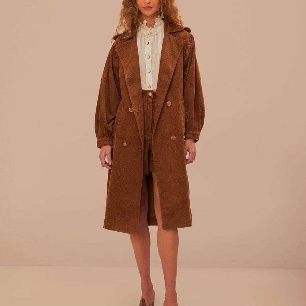 FARM Rio Brown Corduroy Double-Breasted Trench Coat